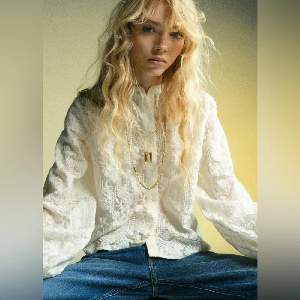 NWT MANGO Embroidered Lyocell Blouse in Ecru